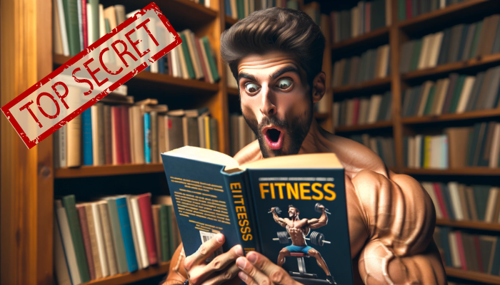 A bodybuilder with a hallucinated expression on his face, reading a book on fitness. He is discovering a big, jaw-dropping secret. The bodybuilder has very defined muscles and is sitting in a library full of books. The image should capture the surprise and amazement on his face as his eyes are fixed on the book. The setting reflects a calm atmosphere of study, in contrast to the intense emotional reaction of the bodybuilder.